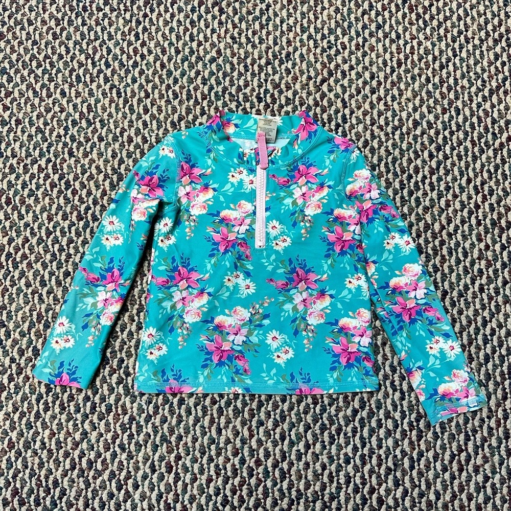 RuffleButts Toddler Girl Size 4T Long Sleeve Blue Floral Rashguard‎ Swim Top